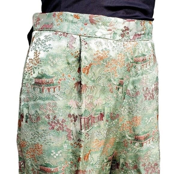 Vintage 70s Cropped Pants 4 Chinese Capri Pedal Pusher Brocade Green - Picture 2 of 10